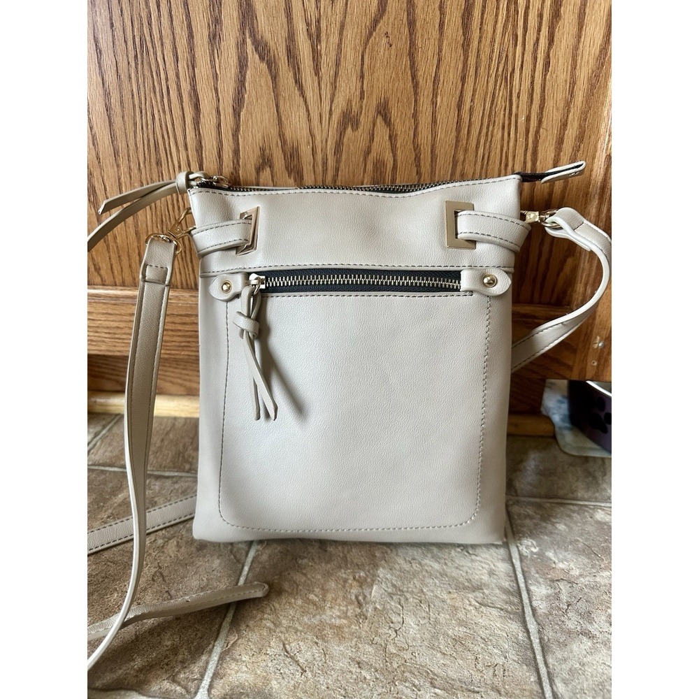 Isabelle Vegan Crossbody Bag Gold Hardware Adj Strap Faux Leather Almond Colored